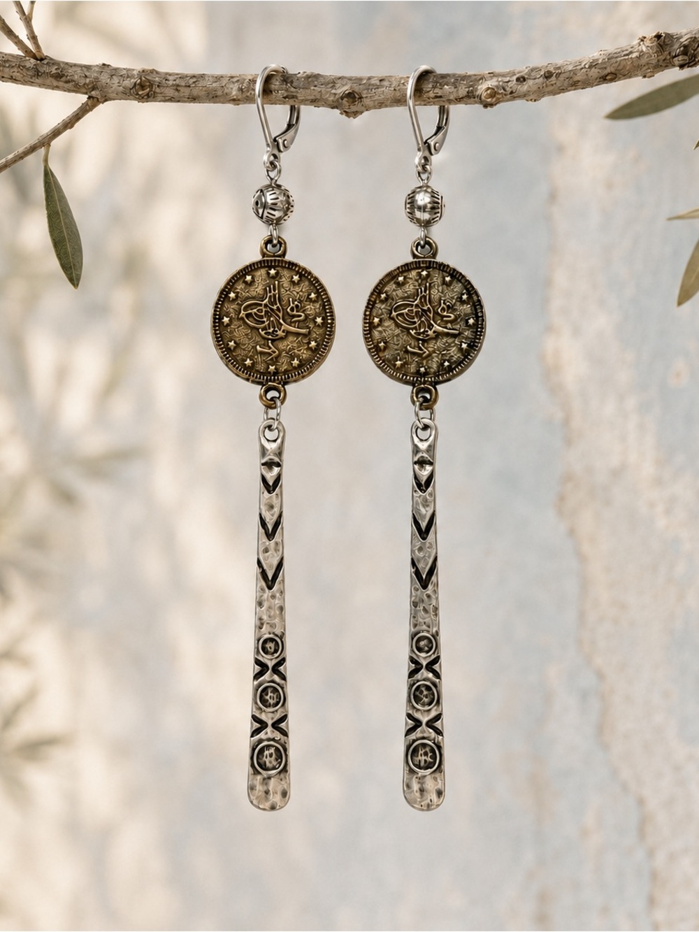 Handmade Turkish Ottoman Tughra Coin Long Mixed Metal Earrings